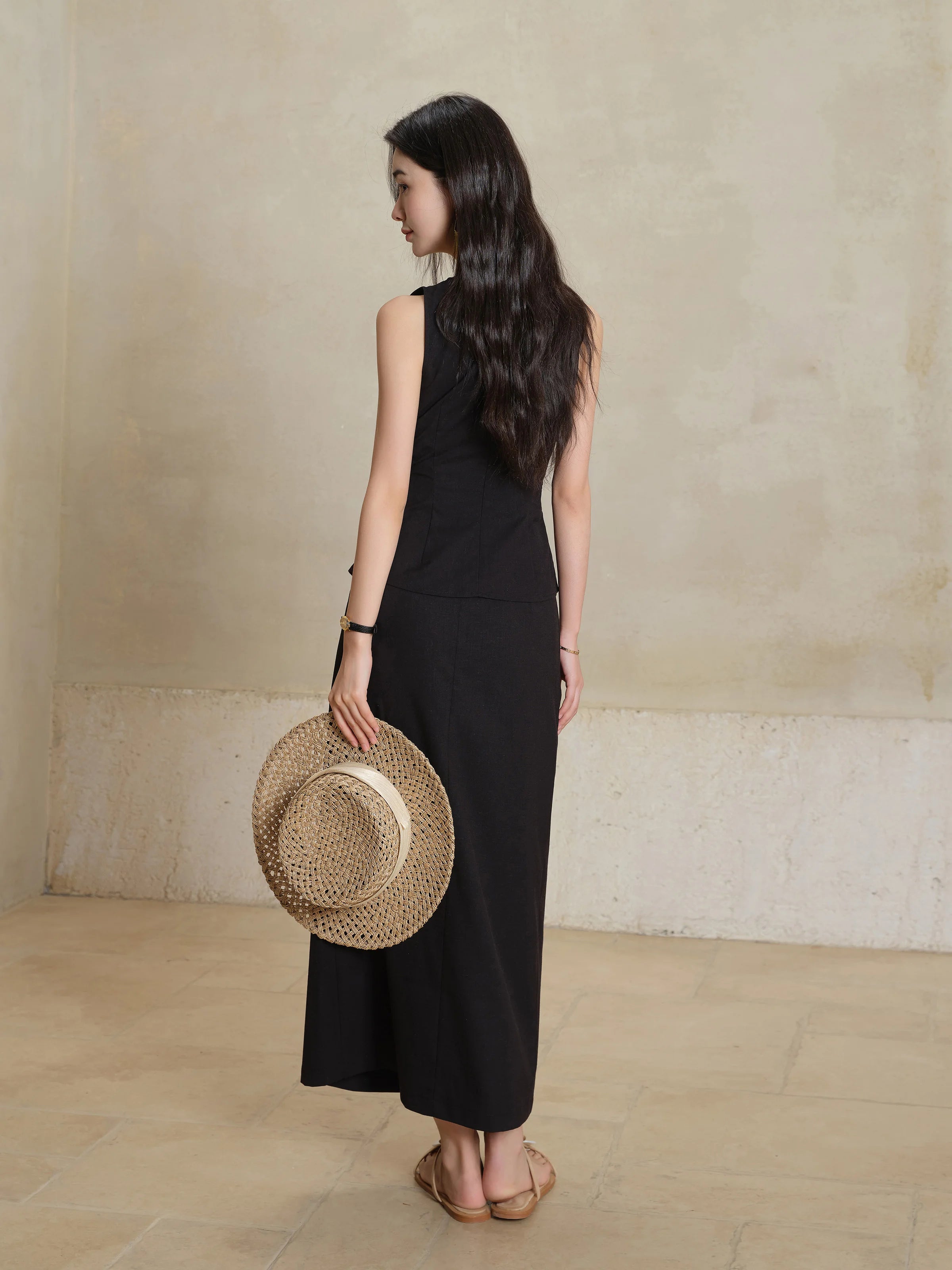 Black Sleeveless Top Skirt Set Women Petite Slim Fit Shirt Split Hem Straight Maxi Skirt Summer Two Piece  Elegant Matching Set