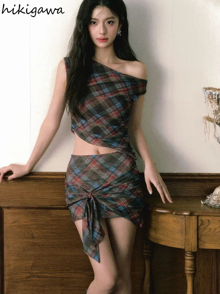 Women Two Piece Sets Sexy Skirt Suit Sleeveless Off Shoulder Tops Bodycon Bow Mini Bodycon Skirts Outfits Summer Chic Plaid Suit