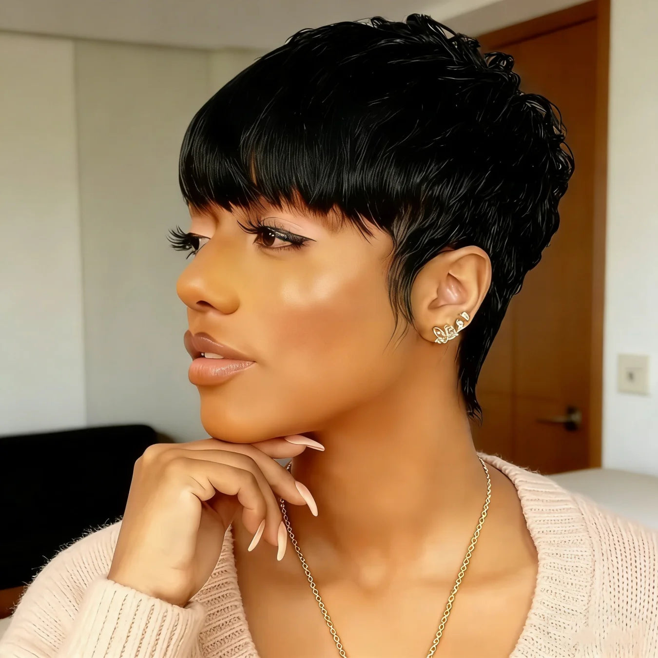 Straight Pixie Cut Wig Human Hair, Full Machine Made with Bangs Tangle-Free Wigs for Women 180% Density 8 Inch