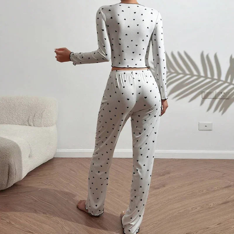 Spring Summer Sleepwear Pajamas Sets for Women 2 Pieces Long Sleeve Tops Long Pants Set Night Wear Pijamas