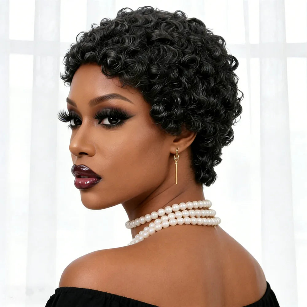 short curly human hair wig 4inch black color short afro curly human hair wig 150% density hair machine made pixie cut