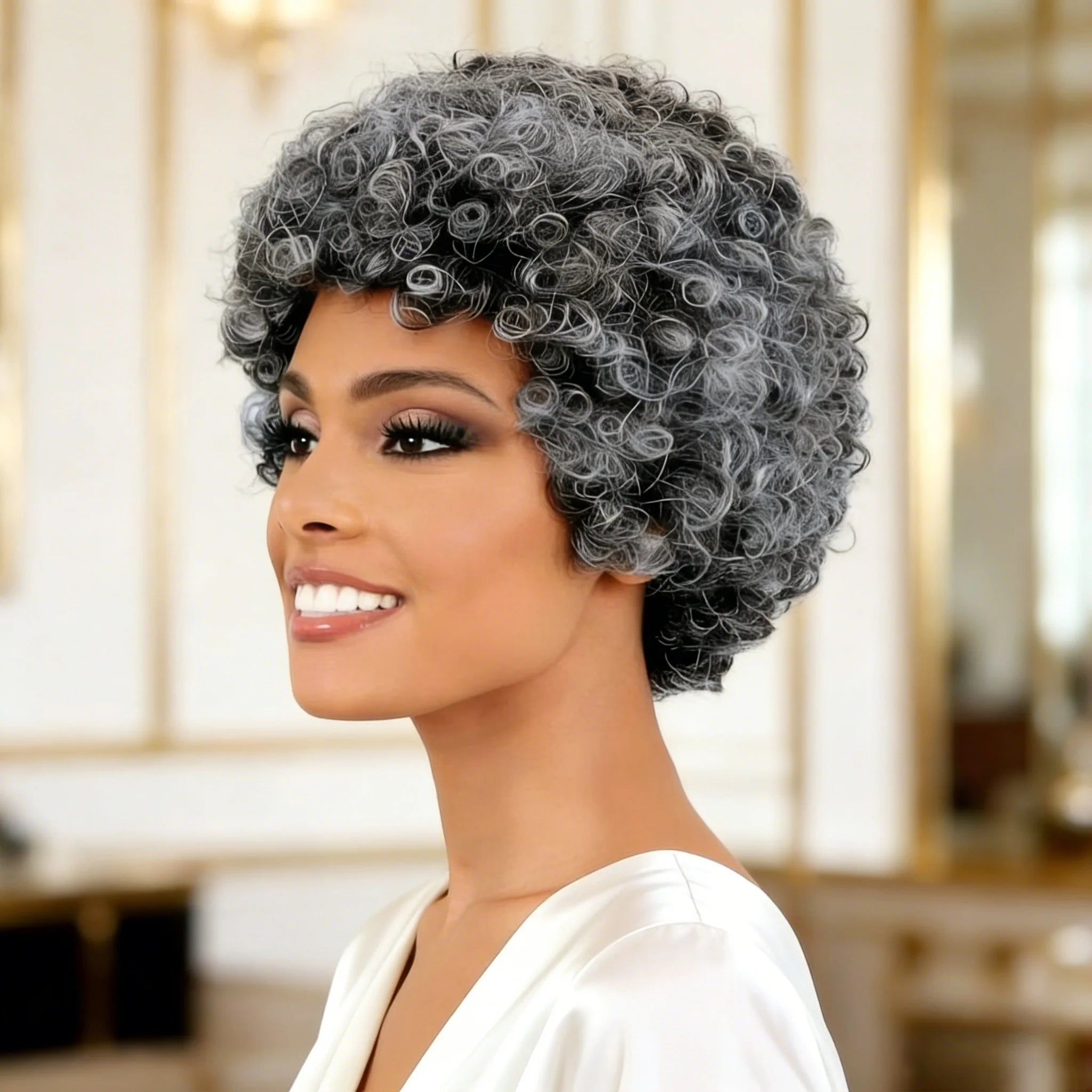 Peluca de cabello humano gris para mujer, peluca corta rizada con flequillo, uso diario para mamá/abuela, pelucas rizadas y elásticas de 6 pulgadas, pelucas hechas completamente a máquina