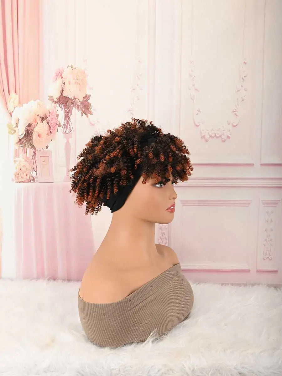 Headband Wig Curly Headband Wig With Bangs For Women Synthetic Afro Curly Hair Wig With Headband Attached Short Kinky Curly Afro High Puff With Bangs Stripes Short Red Curly Wigs with Bangs for Women, Natural Wavy Synthetic H