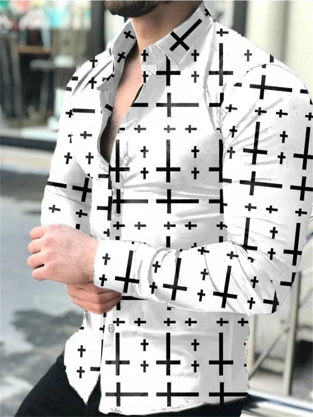 Luxury men's social shirt lapel single-breasted 3D plaid print long-sleeved designer clothing casual street white shirt
