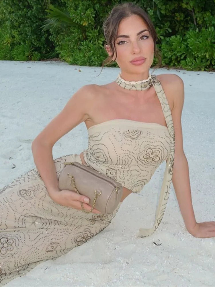 Beach Tank Top Skirt Women's Set Beading Print Shawl Collar Sleeveless Tops Pleated Maxi Skirts 2025 Summer Fashion Lady Outfit