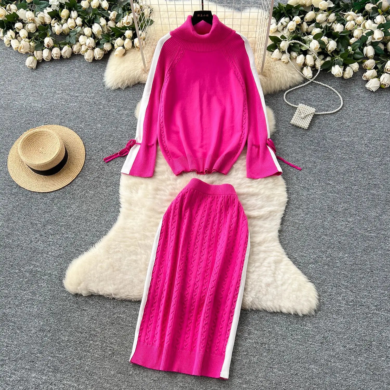 Two Piece Sets Women Skirt Set Turtleneck Knitted Full Sleeve Tops Mid Length Skirts Wrap Hip High Waist Y2k Streetwear Elegant