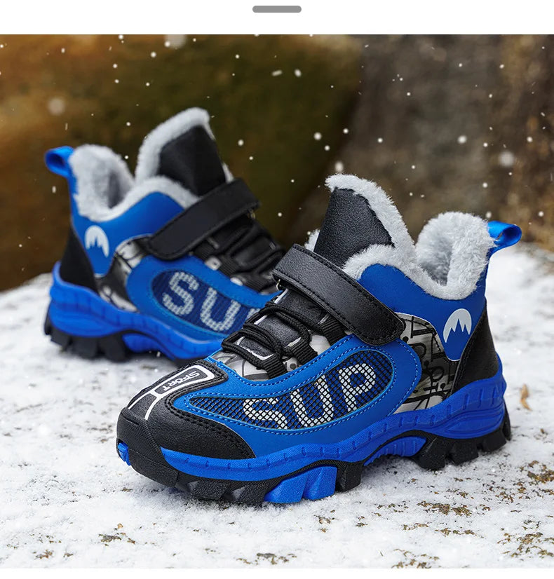 Winter Plus Velvet Hiking Shoes For Kids Non-slip Platform High Top Sports Shoes Boys Outdoor Warm Plush Children's Sneakers
