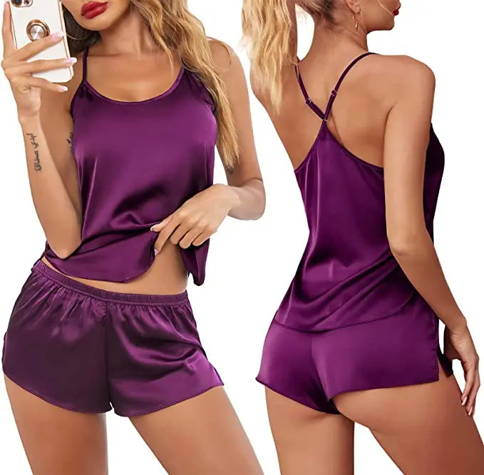 Conjuntos de pijama de satén y encaje sexy para mujer, ropa de dormir, tops sin mangas + pantalones cortos, conjuntos de 2 piezas de pijama para mujer