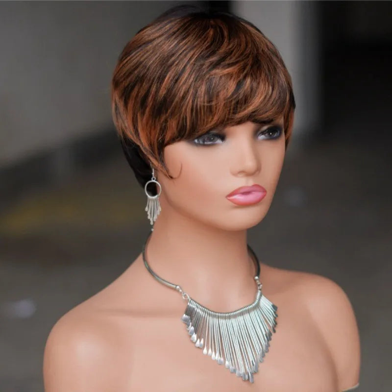 Premium Human Hair 4inches Short Straight Cut Pixie Wigs for Women 150% Density Brazilian Virgin Remy Hair Color 1B/30 Wigs