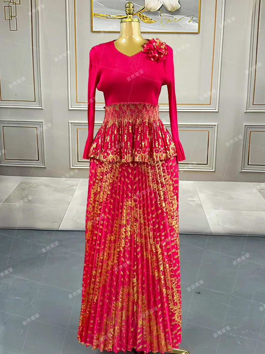 Luxury Women Chic Evening Dresses Formal Ball Gowns Elegant Party Miyake Pleated Long Sleeve Dress Female Plus Size Clothes