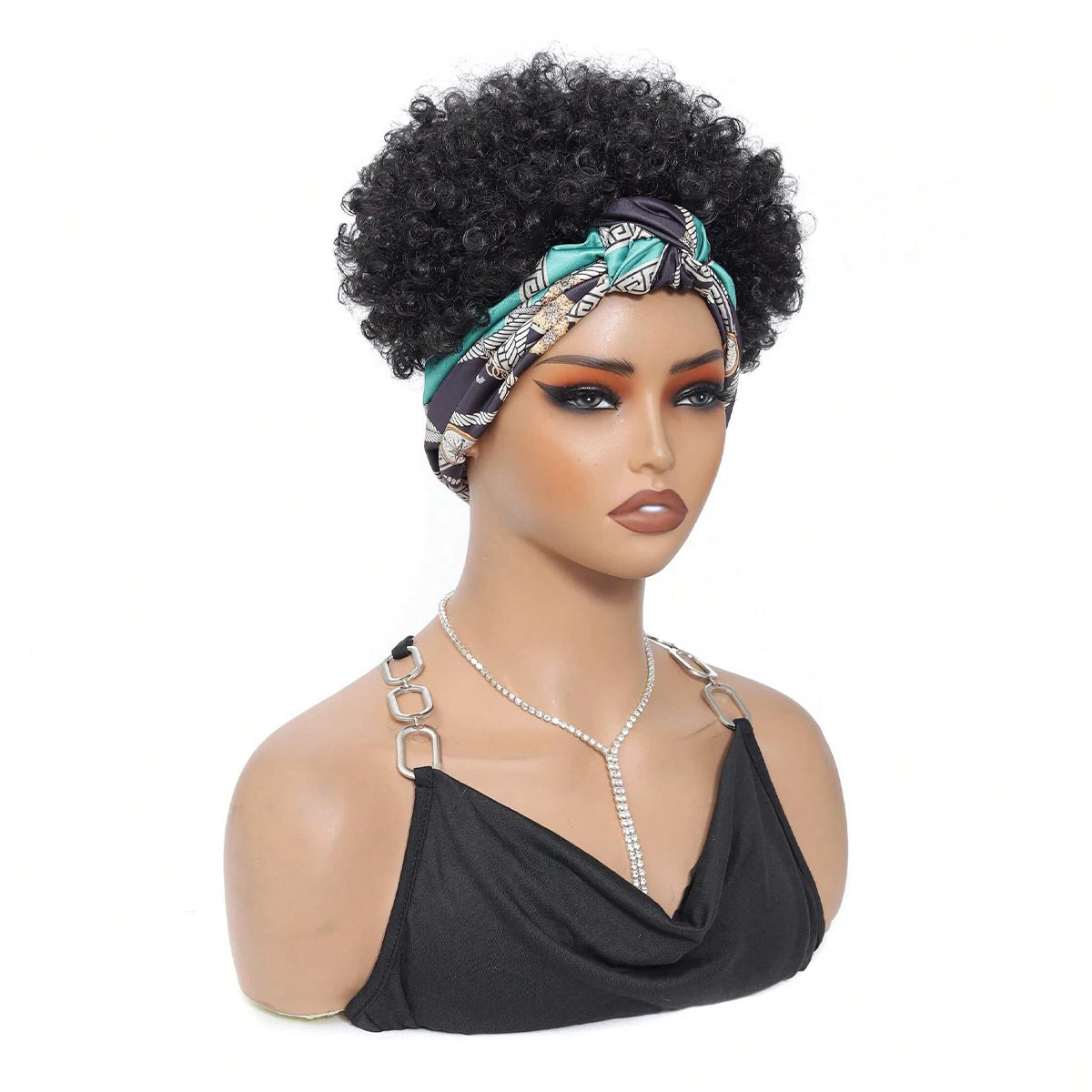 Pelucas de diadema negras para mujer, peluca rizada afro Kinky con pelo corto sintético, pelucas con diadema adjunta y turbante.