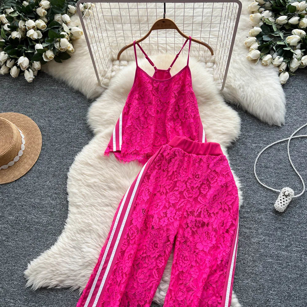 Women Two Pieces Sets Spliced lace Off Shoulder Slip Top and Fashion Hotsweet High Waist Elastic Waist  Wide Leg Pant Sets