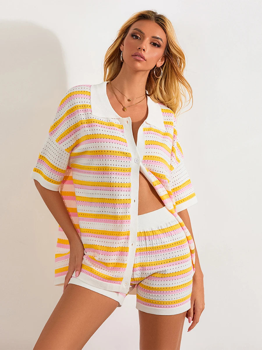 Conjunto de Pijama de Mujer de 2 Piezas Trajes de Salón Verano Rayas Contraste de Color Botón Tops de Punto de Ganchillo y Pantalones Cortos Conjuntos de Salón Playa