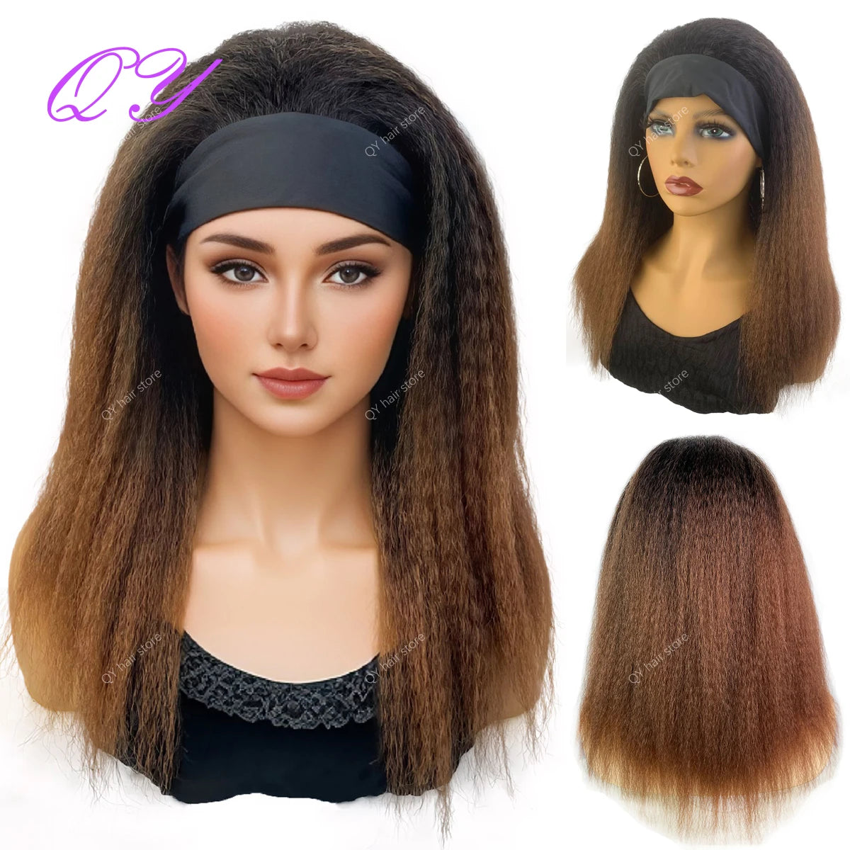 Synthetic Wig African Women Yaki Straight Headband Wigs  brownish #4 Medium Length Hairstyle Women's Wig Daily Ladies Turban Wig