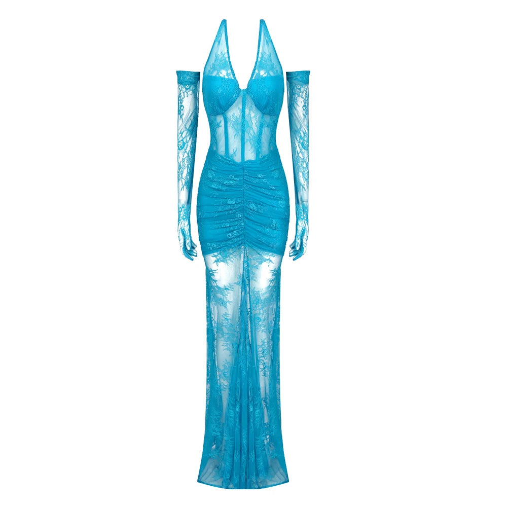 VC Fashion Party Dresses For Women Sexy Lace Halter Long Sleeves Gloves Design Maxi Gowns Vestidos