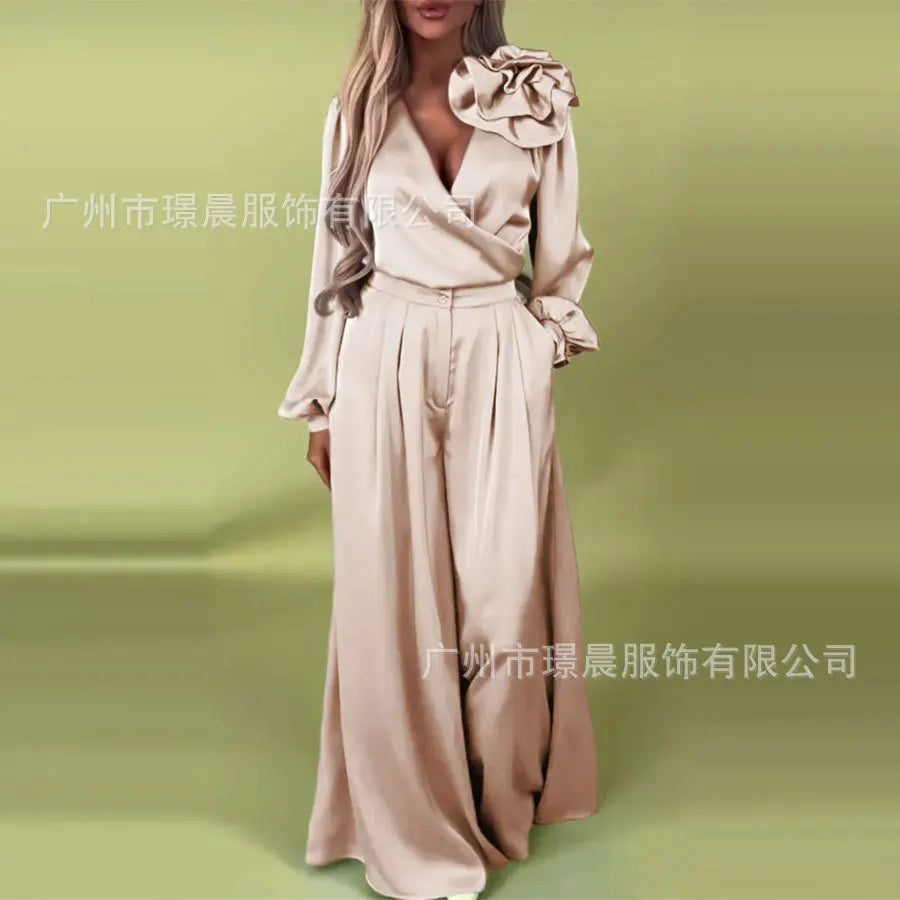 Women Pants Set Elegant 3d Flower Satin Suit For Women V Neck Blouse Wide Leg Casual Loose  Trousers Set Formal Commuting