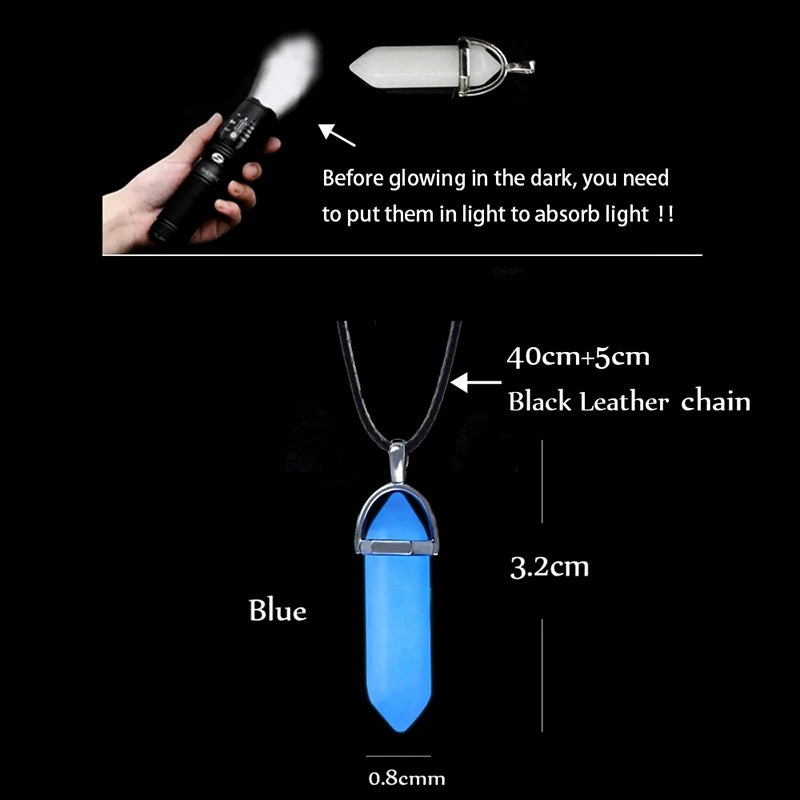 Collar de Columna Hexagonal Fluorescente de Piedra Luminosa Oscura, Cristal Natural que Brilla en la Oscuridad, Colgante de Bala, Joyería de Moda de Cuero, Regalo