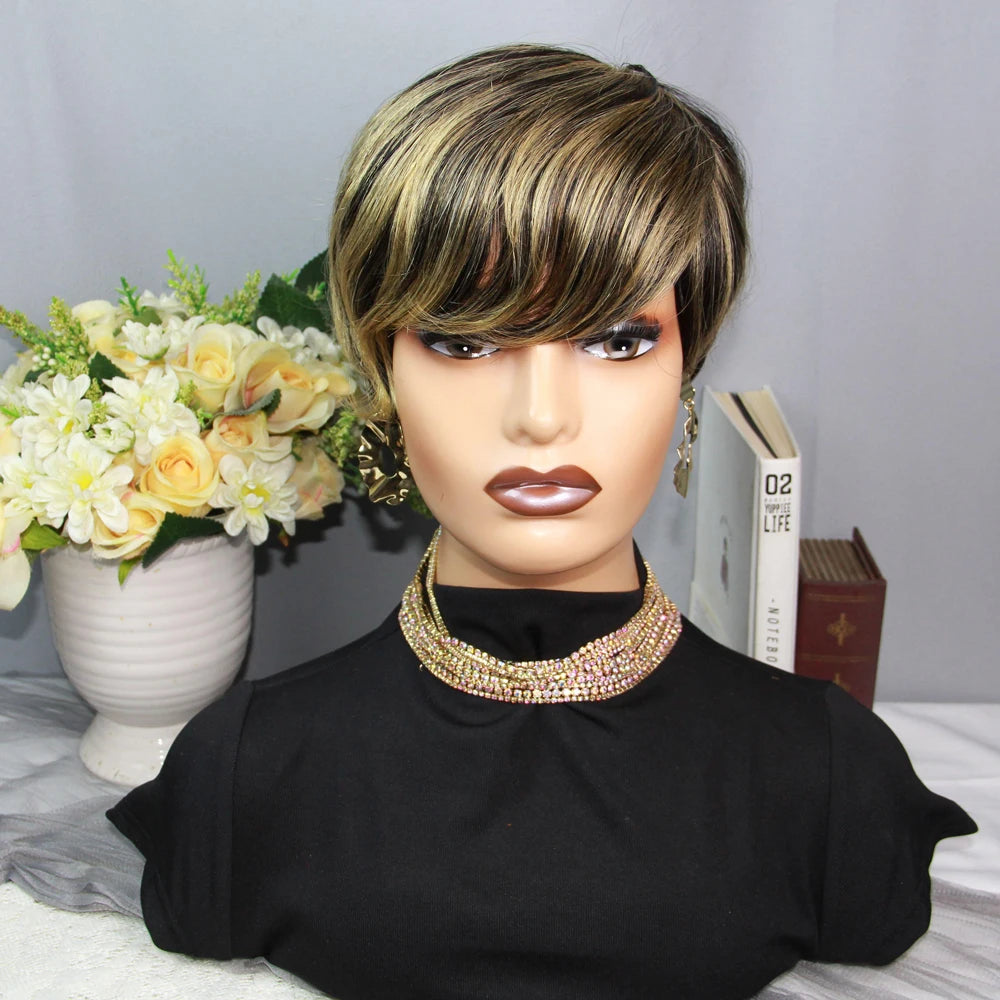 Highlight Blonde Wigs Colored Light Brown Pixie Cut Wigs Human Hair 100% Short Wigs Human Hair Full Machine Wigs Glueless Wigs Human Hair