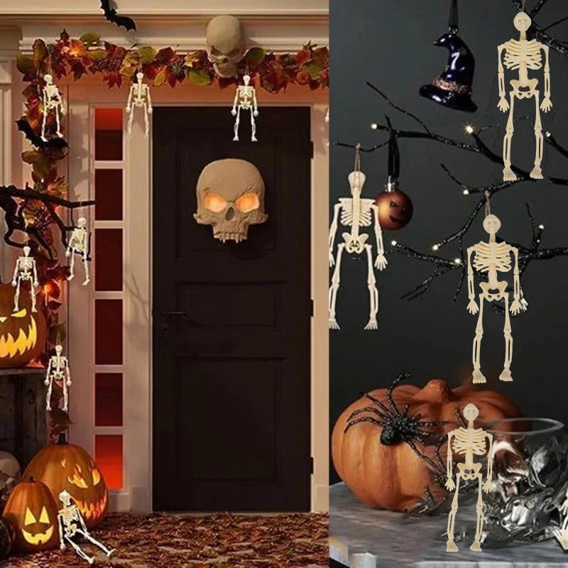 6pcs Scary Hanging Skeleton with Ropes Halloween Party Decoration Plastic Skull Home Garden Haunted House Props Kids Toy Gifts