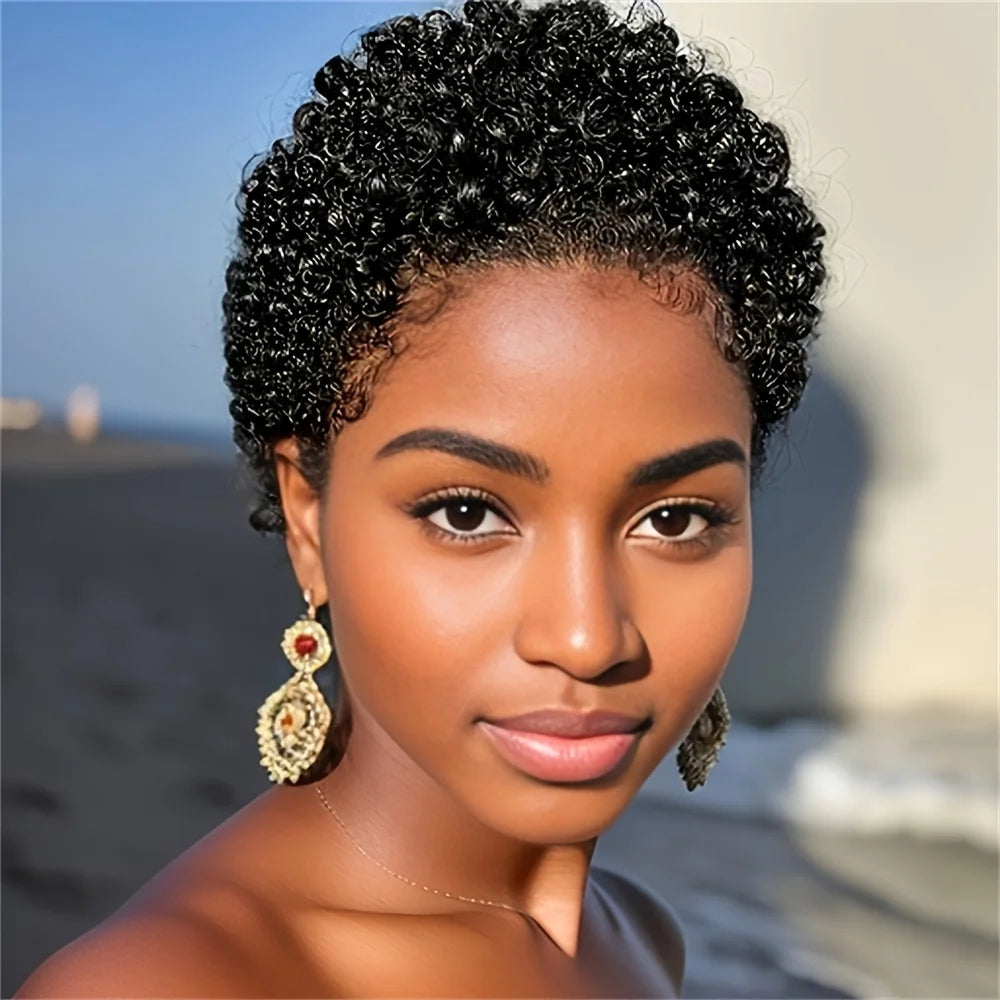 Peluca pixie, peluca corta de cabello humano, peluca rizada afro hecha a máquina, peluca pixie negra para uso diario y fiesta en mujeres