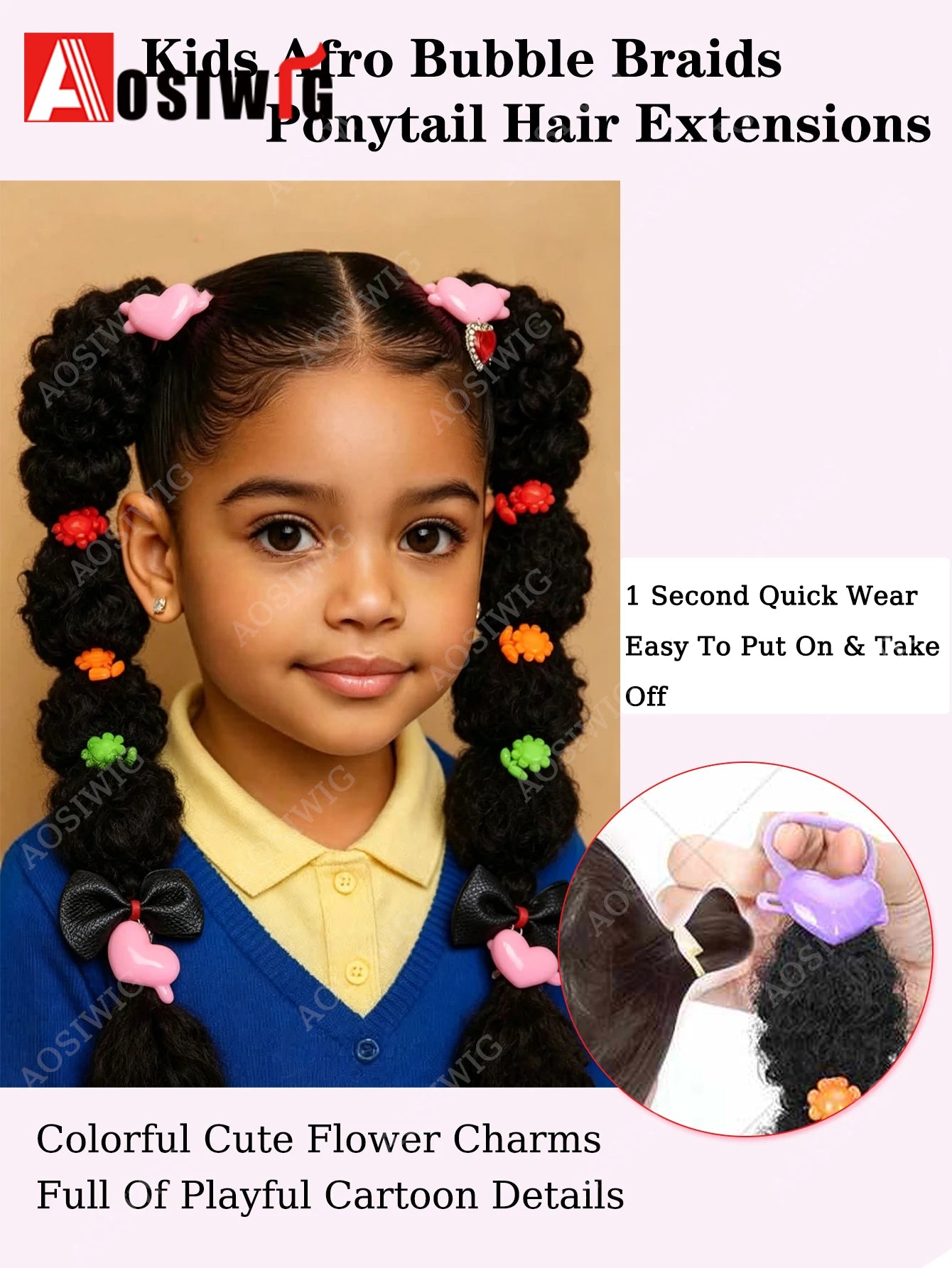 2pcs Kids Synthetic Black Bubble Puff Braid Ponytail Hair Extension With Cute Flower Accessories Wigs Hairpiece Braided Ponytail