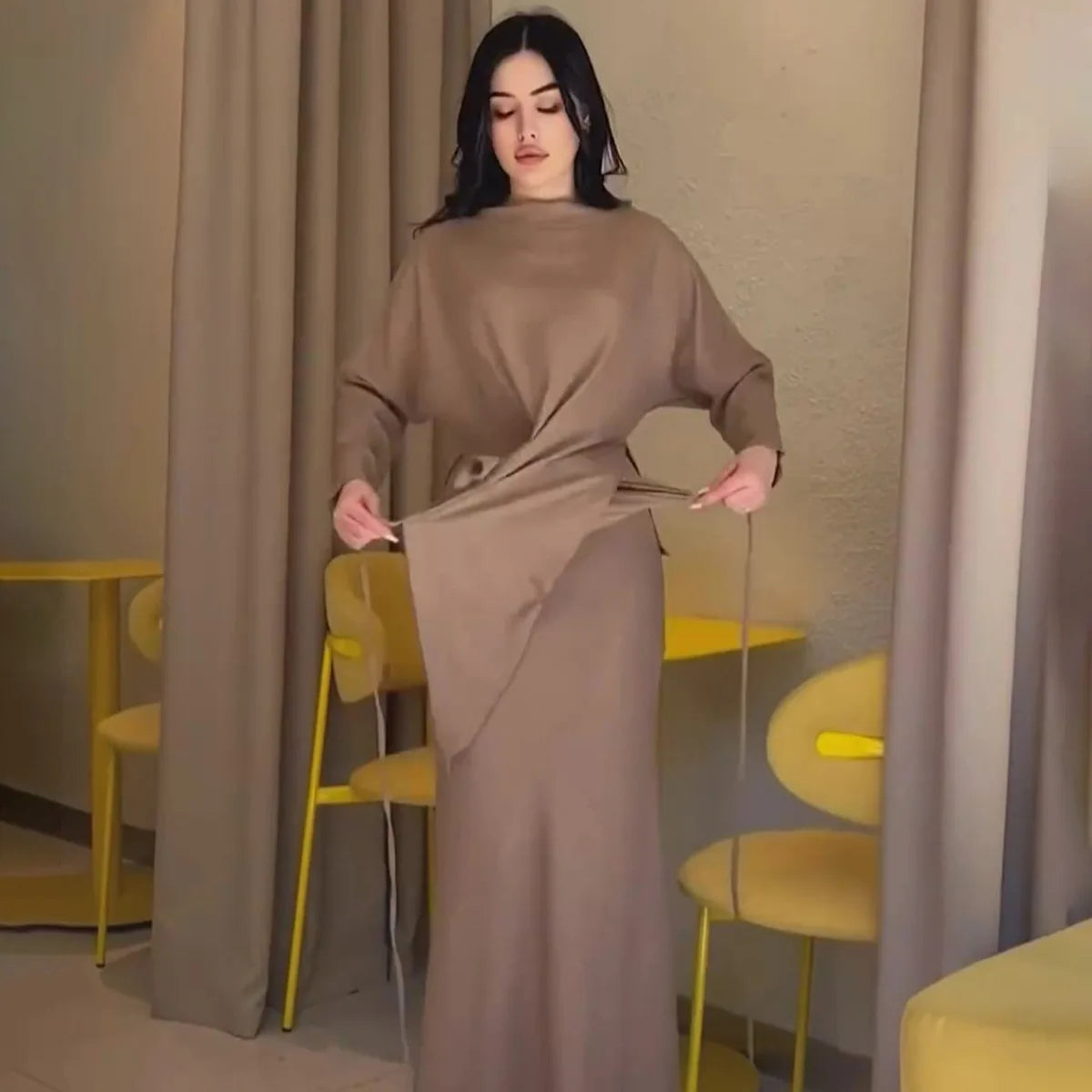 Elegant Loose Midi Skirt Sets Women Satin Cross Lace-Up Long Sleeve Top And Maxi Skirt Set Fall Clothes Chic Office Sets