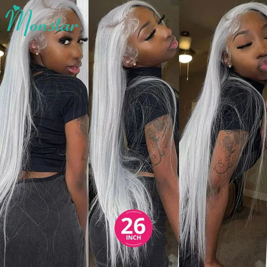Silver Grey Straight Wigs Human Hair Brazilian 13x6 HD Lace Frontal Colored 613 Wigs Pre Plucked With Baby Hairline 200% Density