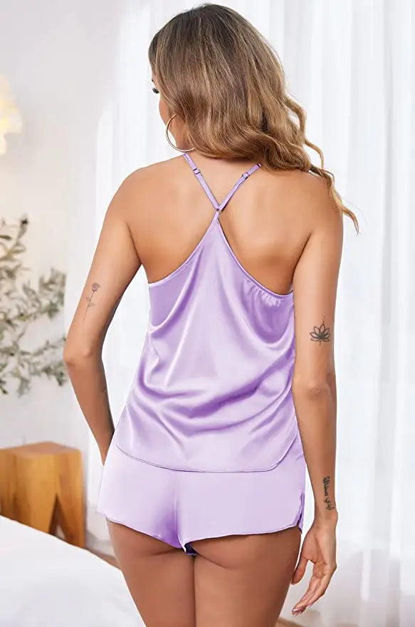 Conjuntos de pijama de satén y encaje sexy para mujer, ropa de dormir, tops sin mangas + pantalones cortos, conjuntos de 2 piezas de pijama para mujer