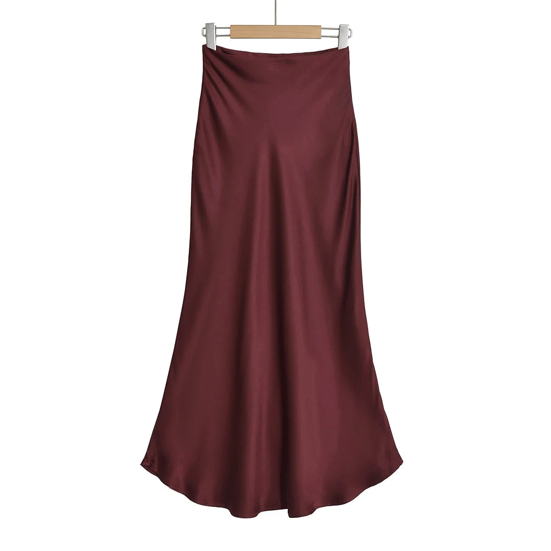 Elegant Satin Midi Slip Skirt with Side Zipper – Smooth & Flowing Fit for Versatile Styling
