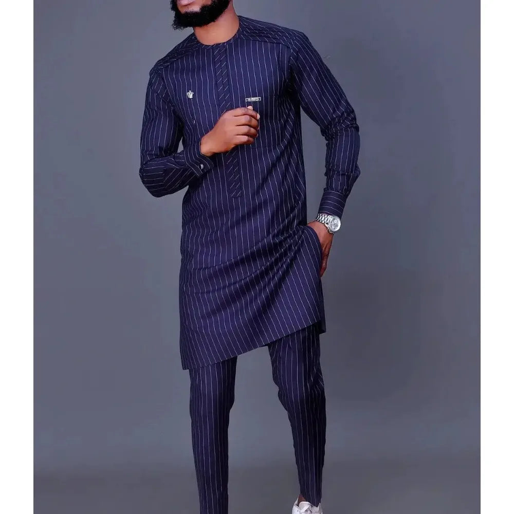 African Two Piece Set Men Outfits Pocket Splice Long Sleeve Round Collar Top Slim Pants Business Suit Africa Summer Gentleman