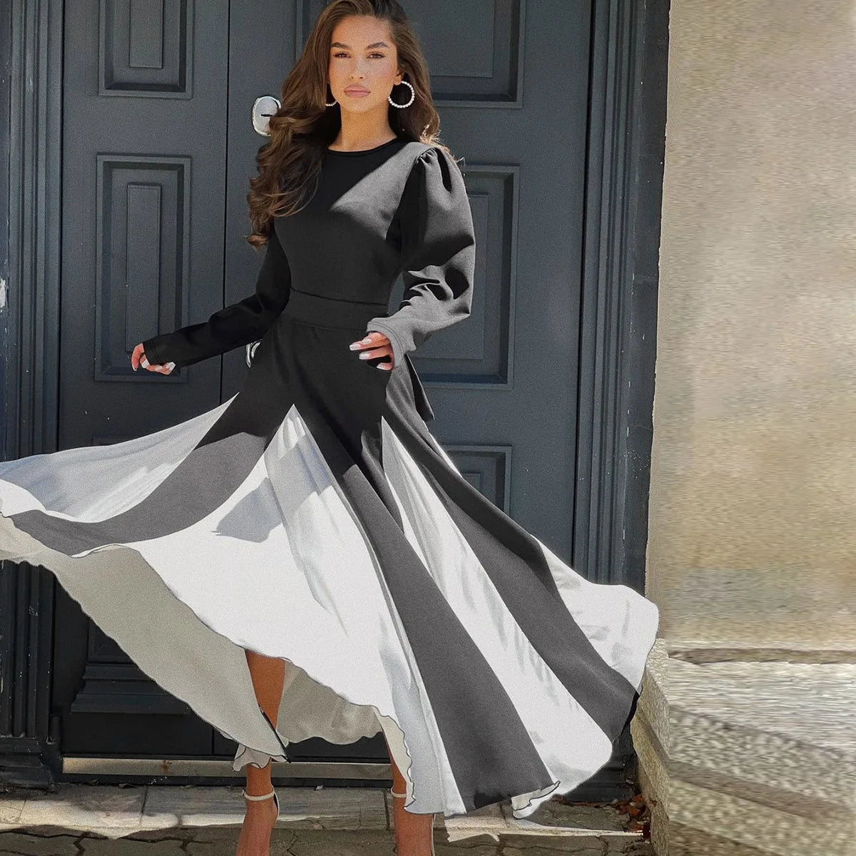 Women's Clothing Spring and Summer New Temperament Fashion Celebrity Style Contrasting Color Mid-waist Lace-up Dress