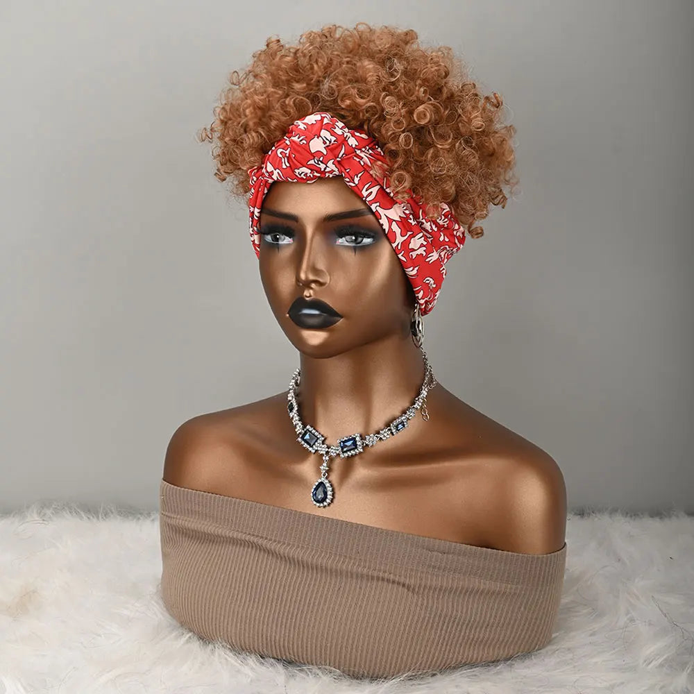 Peluca de diadema rizada corta y rizada para mujeres africanas, peluca de bufanda sintética rizada afro de color jengibre marrón con estampado, peluca de pañuelo.