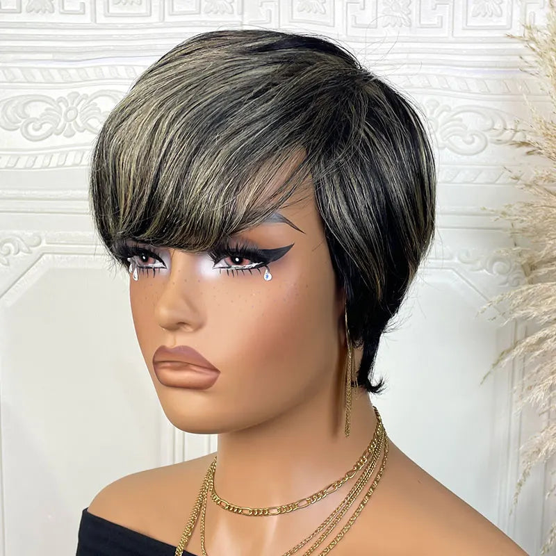 Short Straight Human Hair Wigs Highlight Color Brazilian Remy Hair Pixie Cut Wig Cheap Human Hair Machine Wig For Black Women
