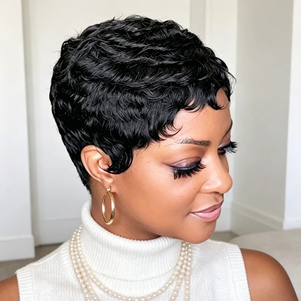 4inch machine made 150% density  human hair wig pixie cut wig gift black pixie cut human hair wig short straight layered