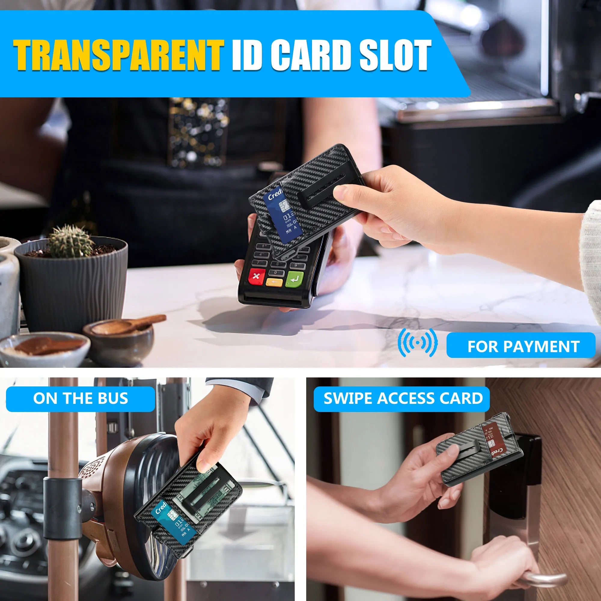 Billetera para hombre - Billetera de cuero de fibra de carbono delgada de aluminio, tiene capacidad para 10 tarjetas, tarjetero con portatarjetas de identificación transparente, clip para billetes