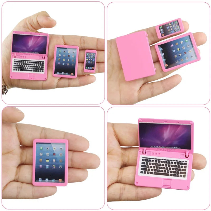4pcs/ Set Dollhouse Phone Miniature Laptop With Bag Miniature Dollhouse Computer Decor 1:12 Simulation Laptop Tablet Smart Phone
