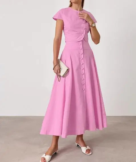 Skirts Sets Summer Sweet Pink Cotton High Waist V-Neck Skirt Set Fashion Women's Two Piece Set New Fashion Skirts Outfits