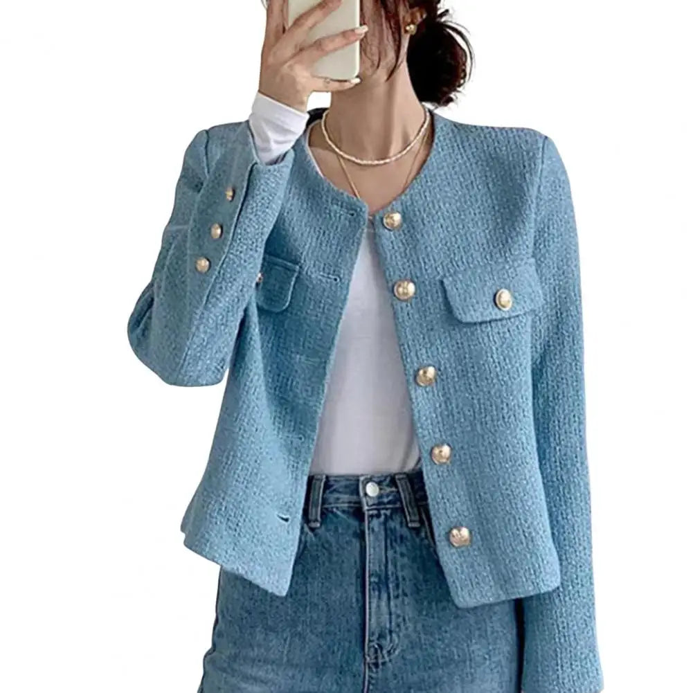 Round Neck Jacket Stylish Single-breasted Women's Coat for Fall Spring Long Sleeves Cardigan in Solid Color Loose Fit for Dating