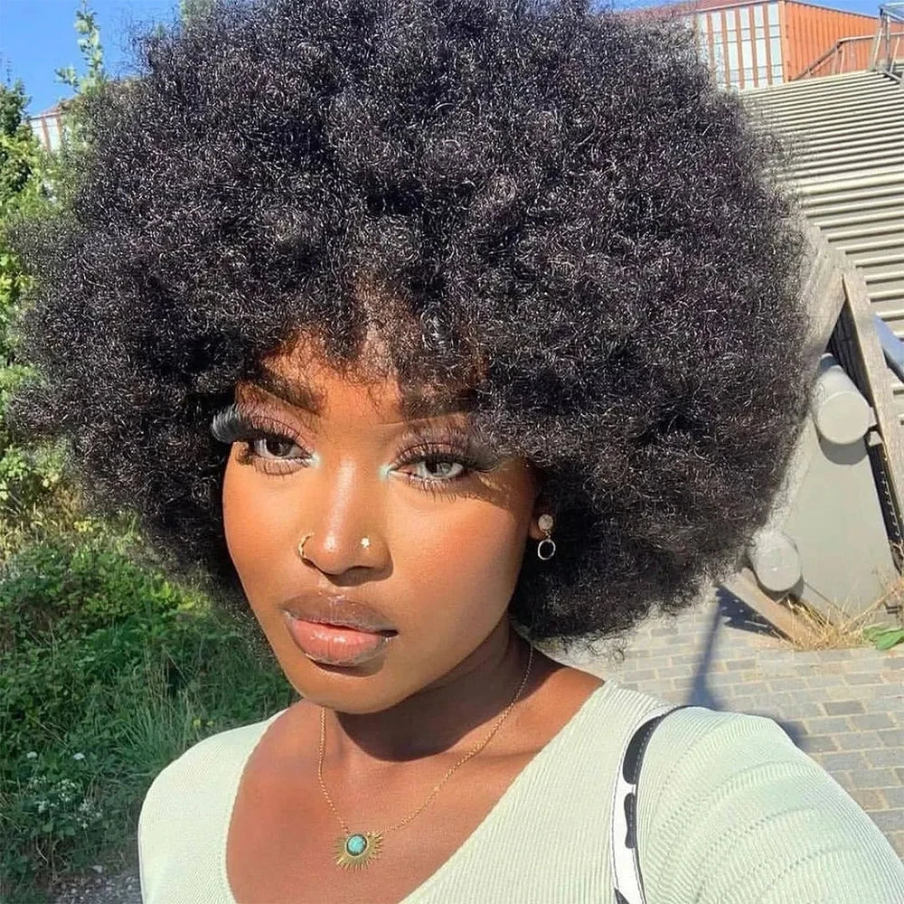 Afro Kinky Curly BOB Wig Natural Color Wig Human Hair Ready to Wear 250% Density Affordable Remy Fluffy Human Hair Wig For Women