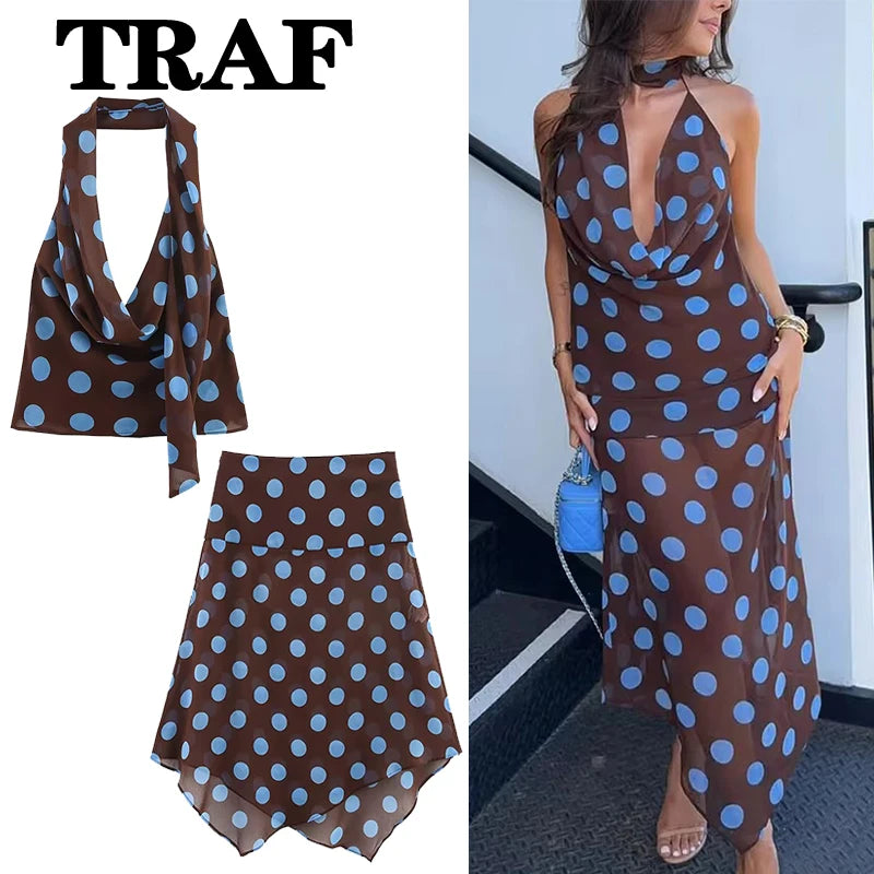 TRAF Polka Dot Printed Midi Skirts Two Piece Sets for Women Summer Chic Scarf Halter Top Suits Beach Woman 2 Piece Outfits