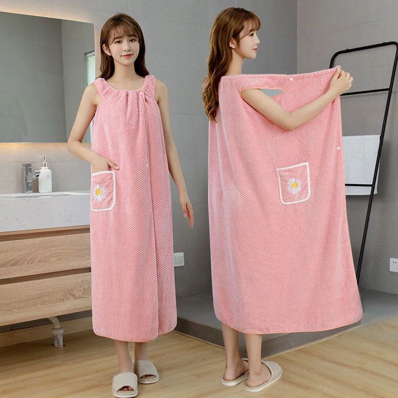 Toalla de baño para el hogar, para mujer, usable, para adultos, absorbe el agua, de poliéster, para secar el cabello, estilo falda larga, albornoz lavable para el baño
