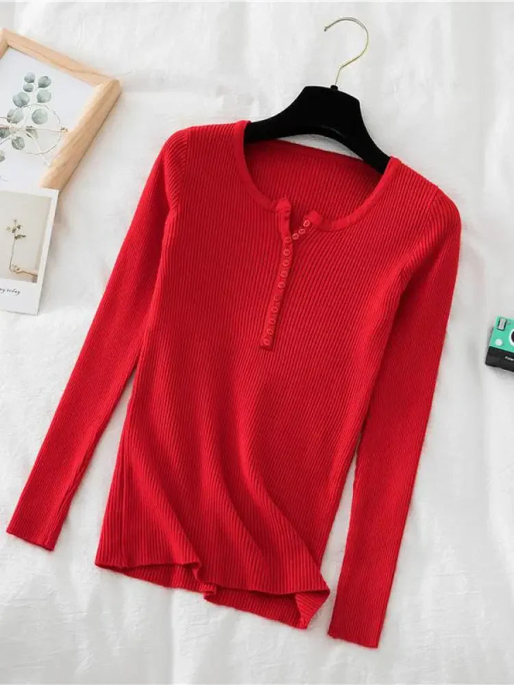 Korea Autumn Winter Button V Neck Sweater Women Basic Slim Pullover Women Sweaters And Pullovers Knit Jumper Soft Warm Tops