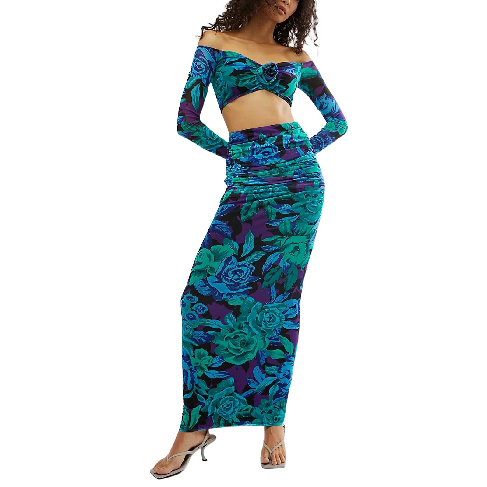 Women Skirt Set Flower Print Long Sleeve Off-shoulder Crop Top with High Waist Long Skirt Fall Outfit