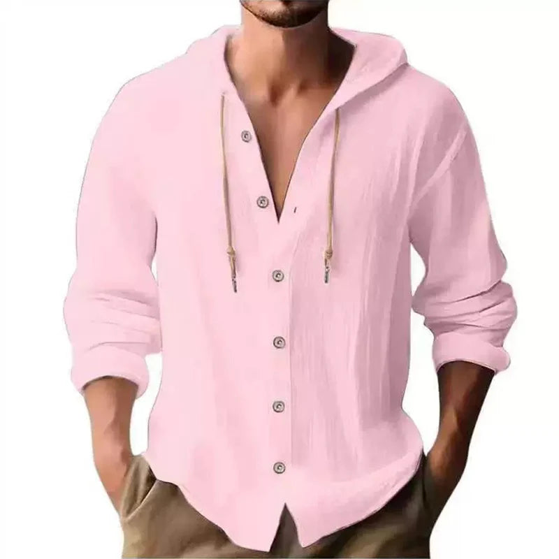 Men's Linen Shirt Solid Streetwear Long Sleeve Hoodie Cardigan Clothing For Men Button Tops Casual Loose Hooded