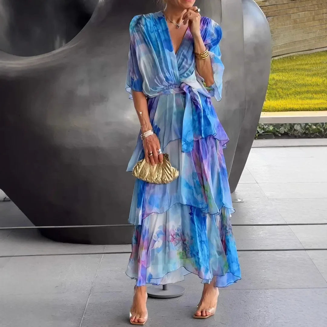 Vestido de mujer con estampado floral, multicapa, cuello en V, manga larga, estilo casual de verano