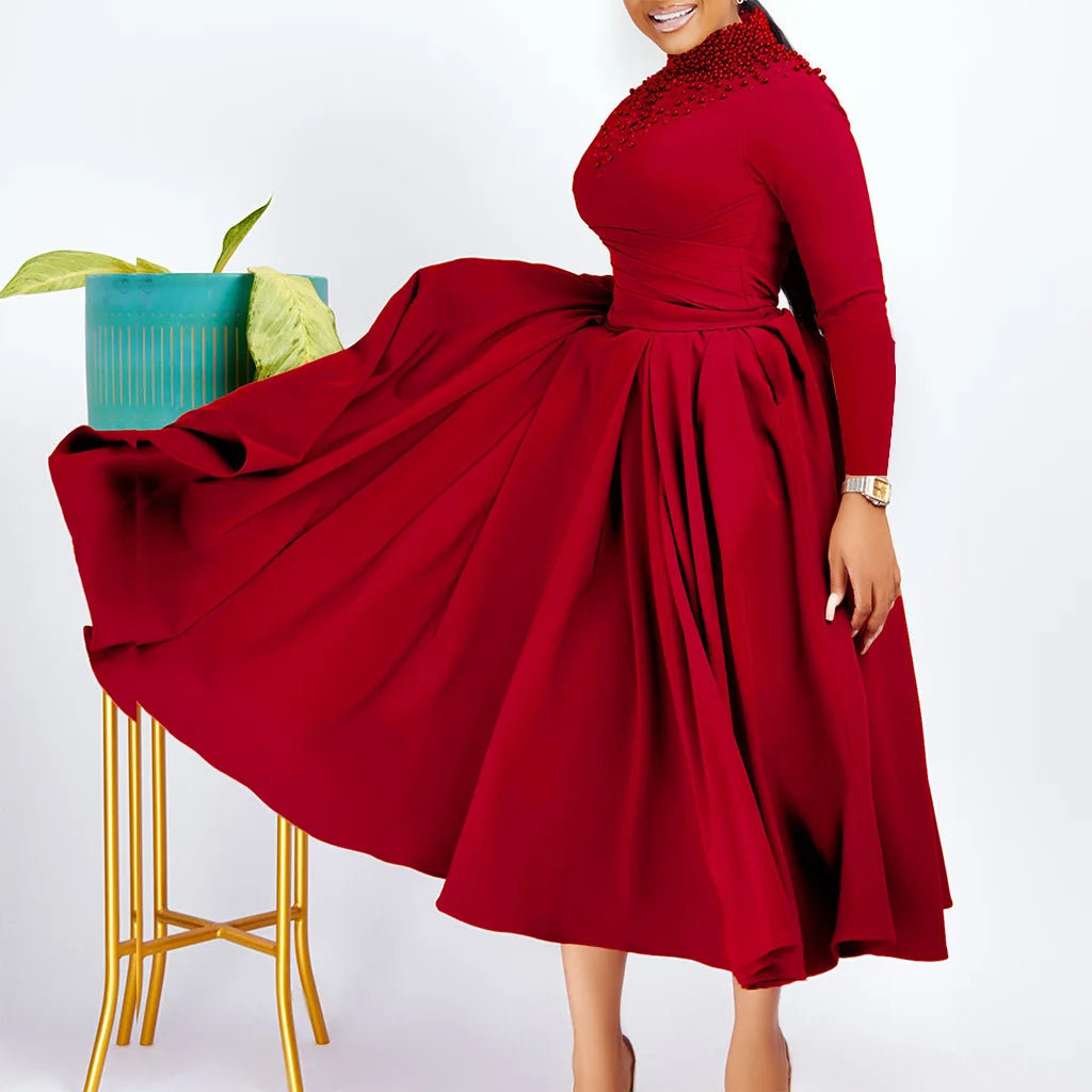 Vestido Elegante Africano para Mujer, Vestidos de Noche con Cuello Alto y Cuentas a la Moda, Vestido Delgado de Temperamento para Mujer, Vestidos Casuales de Manga Larga