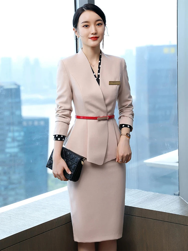 Elegant Women Formal Skirt Suit Ladies Black Purple Pink Long Sleeve V-Neck Female Two Piece Blazer Set