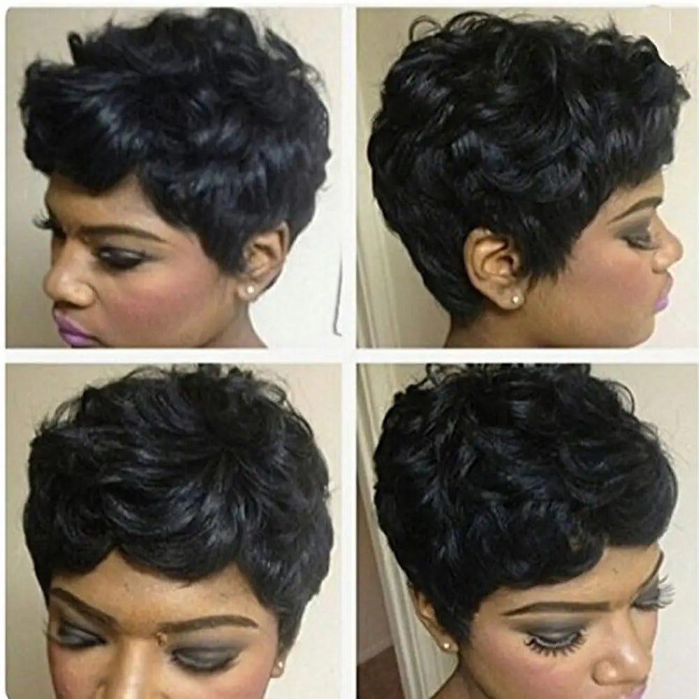 Short Pixie Wigs for Black Women Short Black Curly Pixie Wigs Synthetic Hair Wigs for Black Women Natural Wavy Black Pixie Cut W