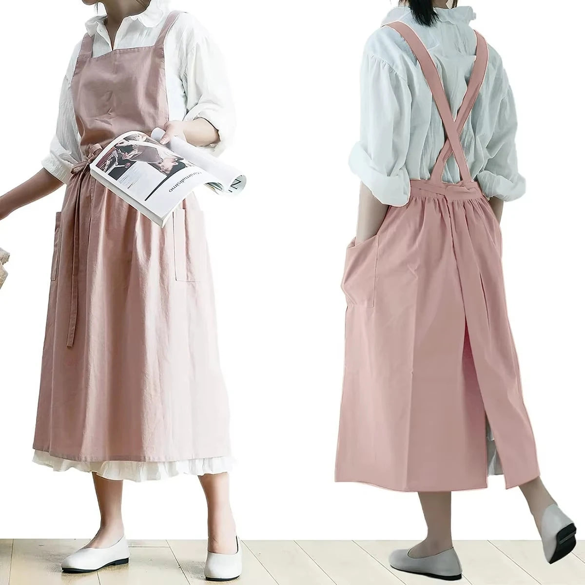 Waterproof Women Girls Vintage Apron Adjustable Gardening Works Cross Back Cotton/Linen Blend Aprons Pinafore Dress
