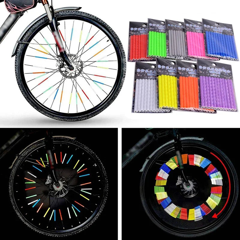 12PCS Bike Wheel Spokes Reflective Sticker Kit, 7.5cm Tube Strip for MTB Cycling Safety - High Visibility at Night